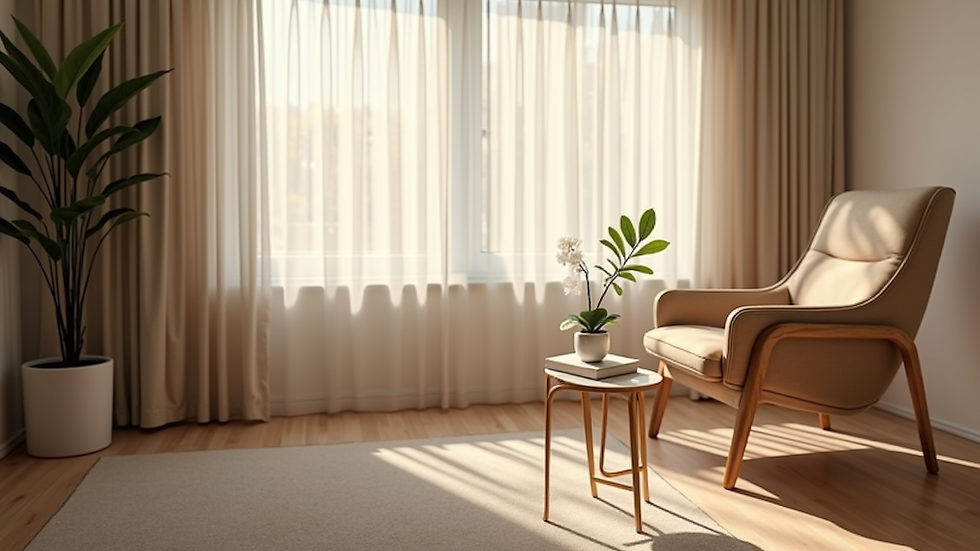 Eye-level view of a quiet therapy room with a comfortable chair and soft lighting