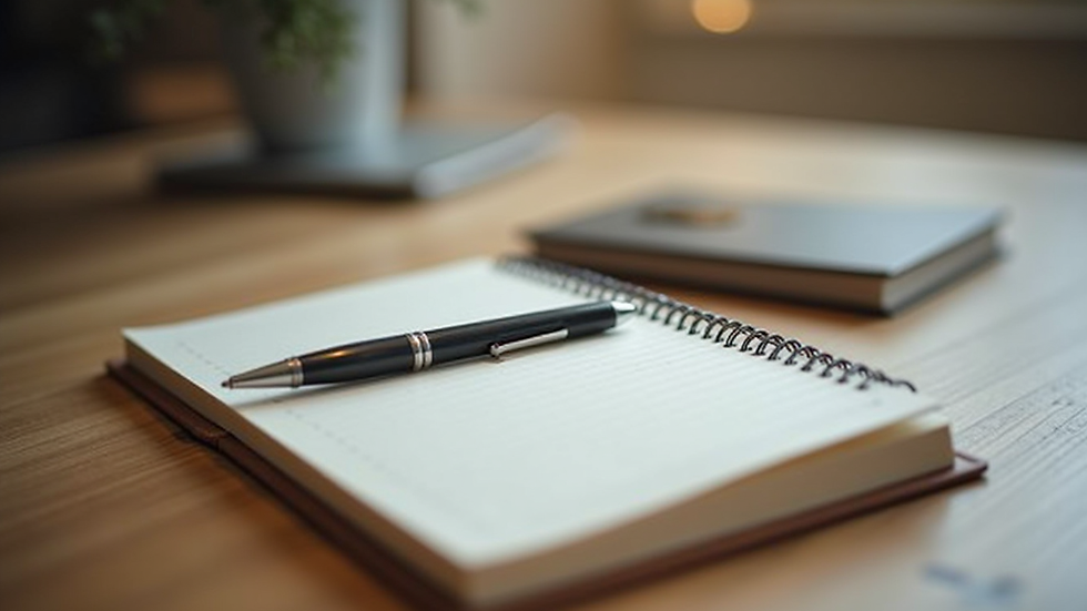 Close-up view of a journal and pen on a wooden table, symbolizing reflection and growth