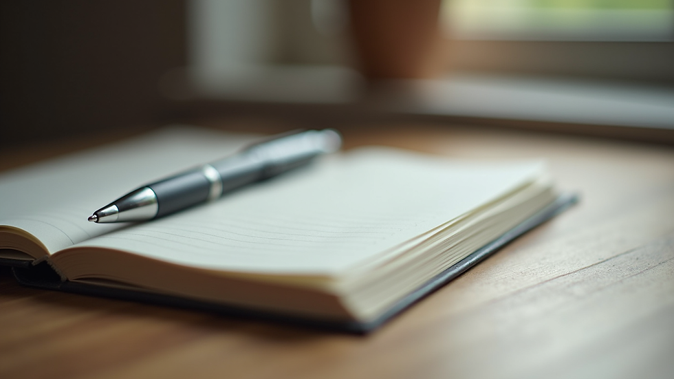 Close-up view of a notebook and pen on a desk, symbolizing journaling and reflection