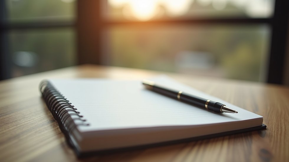 Close-up view of a journal and pen on a wooden table, symbolizing reflection and growth