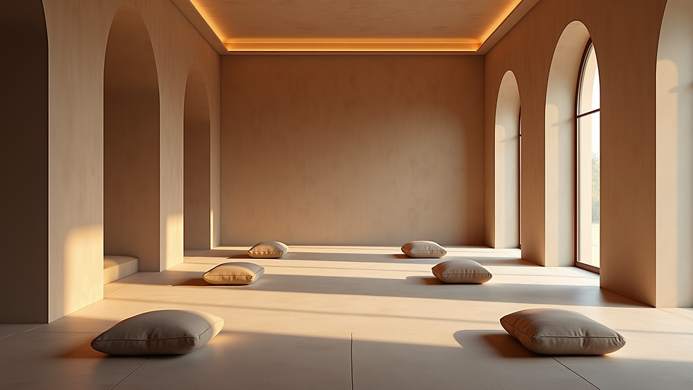 Eye-level view of a serene meditation space with cushions and soft lighting