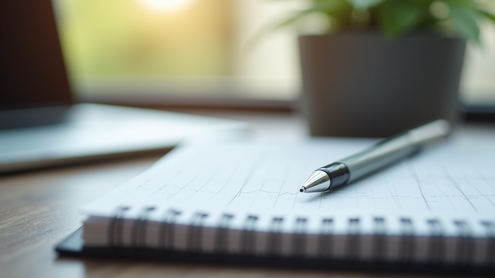 Close-up view of a notebook and pen on a desk, symbolizing planning and growth