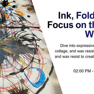 Ink, Fold, Create Workshop on June 13, 2026. Features abstract art in black, blue, and yellow. Details included.