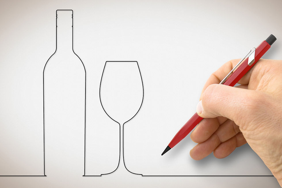 A hand with a red pen draws outlines of a wine bottle and glass on a white background, creating a minimalist design.