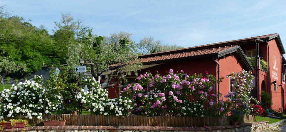 Casa rossa con tetto in tegole, circondata da fiori bianchi e rosa.