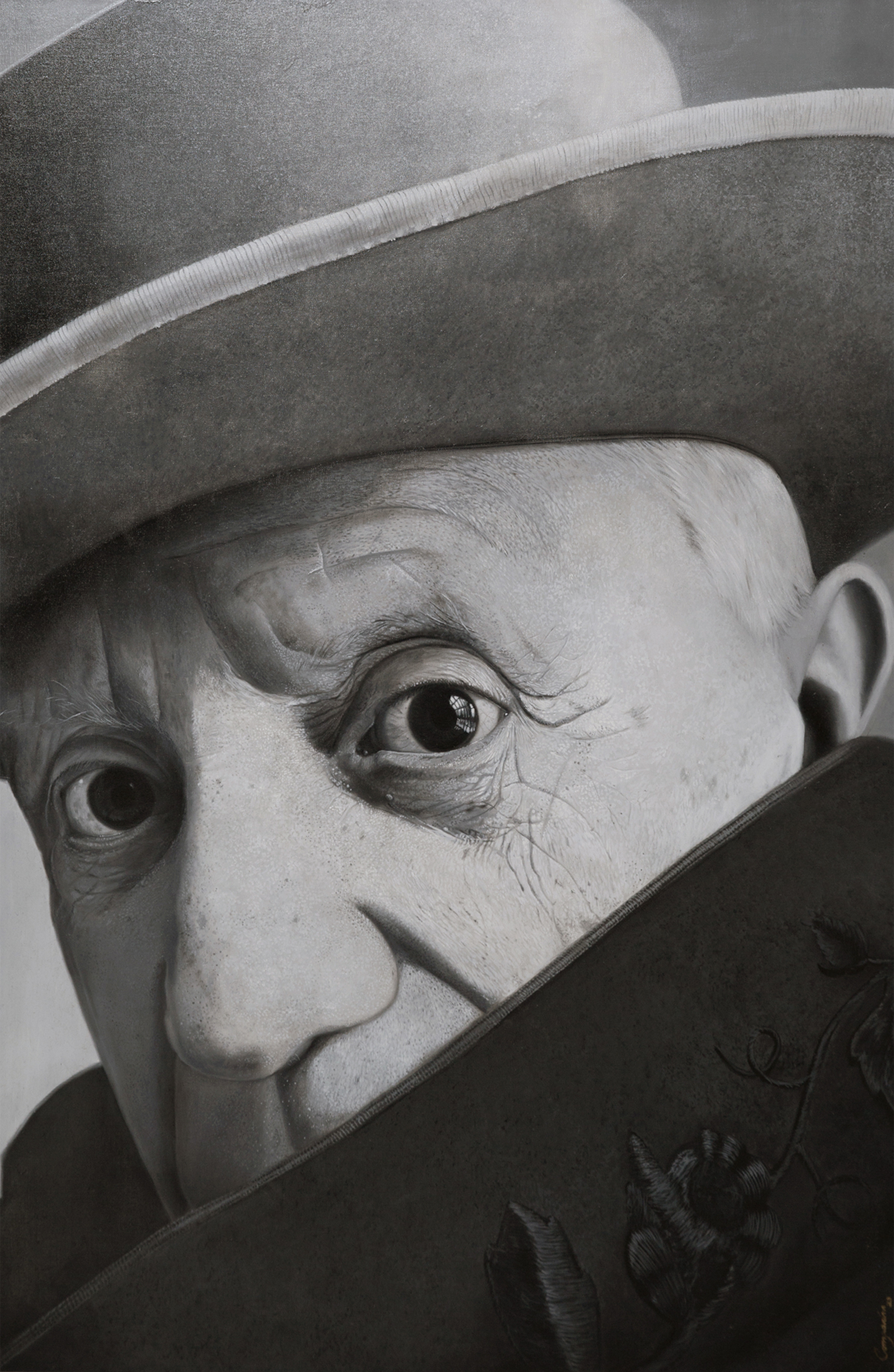 Monochromatic oil painting on canvas by Pablo Picasso. The work presents a play of light and shadow that emphasizes the contours of the artist's face, creating an introspective air. The gaze is deep and the expression serious, captured with brushstrokes that vary between soft and marked, adding texture to the composition. The background is discreet, keeping the focus on the Spanish painter's face. Visual Artist: Gustavo Comparim