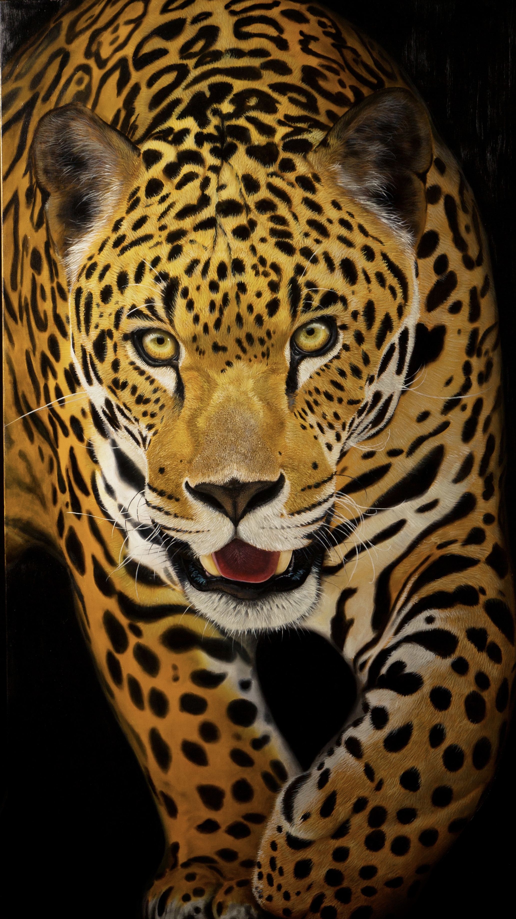 Jaguar: Oil painting on canvas by Gustavo Comparim, depicting a jaguar in an attacking position. The fixed gaze and tense muscles convey a sense of movement and strength. The dark background contrasts with the vibrant tones of the fur, emphasizing the feline's striking presence.