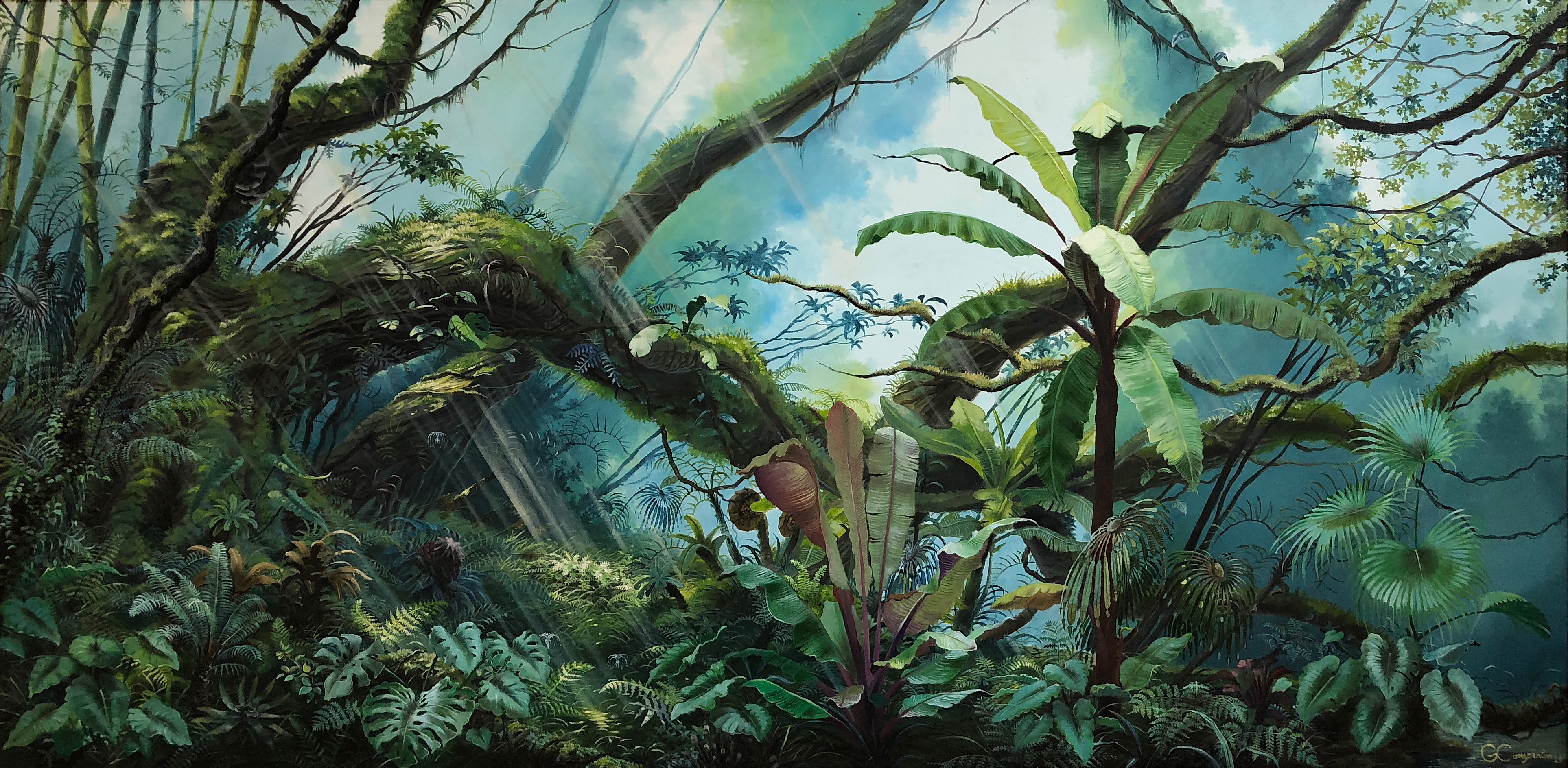 Óleo sobre tela do artista Gustavo Comparim retratando uma exuberante floresta tropical, com árvores cobertas de musgo, folhagens densas e raios de sol filtrando pela copa. A composição realista destaca texturas detalhadas de samambaias, folhas largas e galhos retorcidos, criando uma atmosfera imersiva e vibrante.
