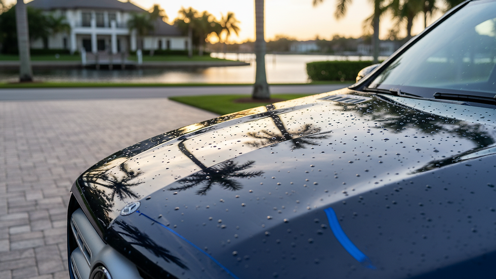 Eye-level view of a luxury SUV parked outdoors with a glossy finish