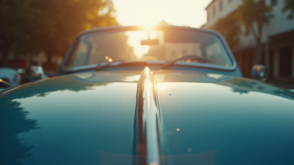 Close-up view of a shiny car hood reflecting sunlight