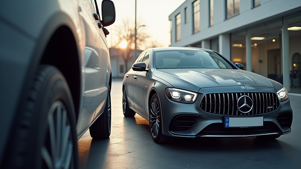 Eye-level view of a mobile detailing van parked beside a luxury car