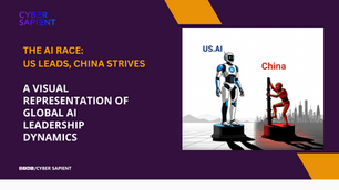 A minimalist, high-contrast image showing a sophisticated robot marked "US AI" at the top of a peak, symbolizing technological superiority. A more clunky robot marked "China AI" is at the base, looking up, indicating its struggle to catch up in the AI innovation landscape.