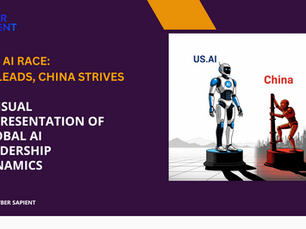 A minimalist, high-contrast image showing a sophisticated robot marked "US AI" at the top of a peak, symbolizing technological superiority. A more clunky robot marked "China AI" is at the base, looking up, indicating its struggle to catch up in the AI innovation landscape.