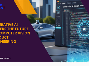 A futuristic computer interface displays AI-generated code for computer vision, with a self-driving car in the background.