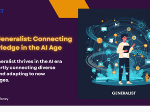 Illustration of a person, representing a generalist, standing amidst a network of interconnected icons and symbols from various disciplines, with subtle AI elements in the background, signifying their adaptability and broad knowledge in an AI-driven world.