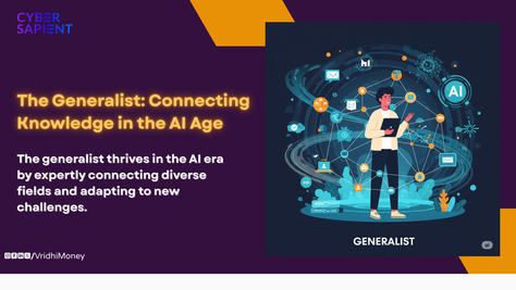 Illustration of a person, representing a generalist, standing amidst a network of interconnected icons and symbols from various disciplines, with subtle AI elements in the background, signifying their adaptability and broad knowledge in an AI-driven world.