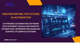A detailed digital artwork depicting a futuristic interface with interconnected nodes and glowing data streams, showcasing AI-powered automation software managing complex systems and interacting with physical robotics.