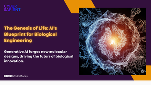 A vibrant, abstract digital illustration featuring interconnected nodes and geometric shapes forming a protein-like structure in the center, surrounded by swirling biological patterns. The image conveys the fusion of AI and biology for molecular design.