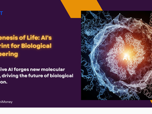 A vibrant, abstract digital illustration featuring interconnected nodes and geometric shapes forming a protein-like structure in the center, surrounded by swirling biological patterns. The image conveys the fusion of AI and biology for molecular design.