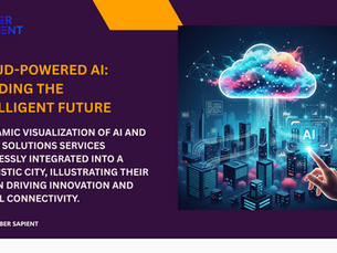 A vibrant, high-tech cityscape featuring glowing data streams and interconnected buildings, representing the integration of AI and cloud solutions services in modern infrastructure.