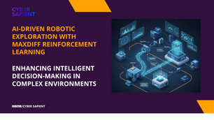 A high-angle, detailed illustration of a sleek, futuristic robot with glowing lines emanating from its sensors and tracing its path through a modern, clean laboratory. The robot is the central focus, and its exploration is visually represented by bright, dynamic lines