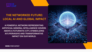Illustration of a complex, luminous network representing Artificial General Intelligence (AGI) floating above a modern, stylized urban landscape, signifying its widespread influence.