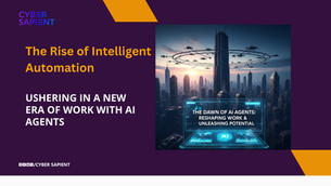 A futuristic, high-contrast, cinematic image of a modern cityscape at dawn, with tall buildings and flying vehicles. A glowing, holographic screen in the foreground displays streams of data related to AI agents. The text "The Dawn of AI Agents: Reshaping Work & Unleashing Potential" is visible on the screen. The scene represents the transformative impact of AI on work and the future.
