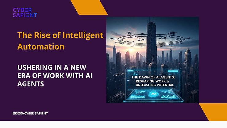A futuristic, high-contrast, cinematic image of a modern cityscape at dawn, with tall buildings and flying vehicles. A glowing, holographic screen in the foreground displays streams of data related to AI agents. The text "The Dawn of AI Agents: Reshaping Work & Unleashing Potential" is visible on the screen. The scene represents the transformative impact of AI on work and the future.