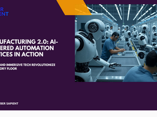 High-tech factory scene showing AI-driven robots, digital dashboards, and AR tech enhancing manufacturing. 