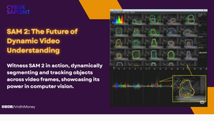 A computer screen displays a grid of video frames illustrating object segmentation and tracking over time, highlighting Meta's SAM 2 model's ability to identify and follow objects through changes and movement in a video sequence. Graphical representations of object movement and segmentation data are visible alongside the video frames.