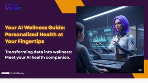 A futuristic AI health coach with purple hair and glowing interface offers personalized health insights to a user, demonstrating how AI analyzes data for wellness guidance.