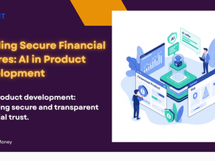 Illustration of financial professionals collaborating with AI to develop secure digital financial products, featuring elements of data protection, trust, and transparent communication on screen interfaces.