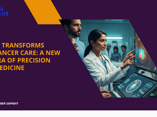 A medical team, including a South Asian female oncologist, uses AI software on a large touchscreen to analyze a 3D human model, highlighting tumors and treatment areas, in a modern hospital setting.