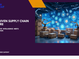 A high-tech supply chain hub with AI nodes in blue and orange, controlling drones and robotics, plus a holographic dashboard with charts, against a warehouse and global shipping routes backdrop.