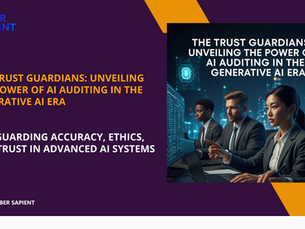 A striking image with the title "THE TRUST GUARDIANS: UNVEILING THE POWER OF AI AUDITING IN THE GENERATIVE AI ERA" in bold white text against a dark background. Below the title, a diverse group of professionals, including an Asian woman, are shown intently working on laptops and reviewing data on a large screen, with futuristic AI circuit designs glowing in the background, symbolizing the process of AI auditing and the generative AI landscape.