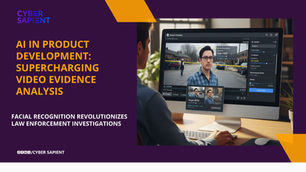 This image shows an AI-powered platform using facial recognition to analyze video evidence for law enforcement. An investigator views a crime scene video with highlighted faces, demonstrating how AI in product development streamlines investigations for faster justice.