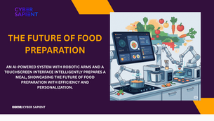 Digital illustration of an AI-powered kitchen system with robotic arms preparing food, featuring a bright touchscreen interface displaying recipes and nutritional information.