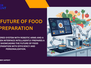 Digital illustration of an AI-powered kitchen system with robotic arms preparing food, featuring a bright touchscreen interface displaying recipes and nutritional information.
