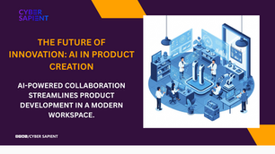 Illustration of engineers and designers collaborating with AI and robotic arms in a futuristic lab, showcasing AI in product development processes.