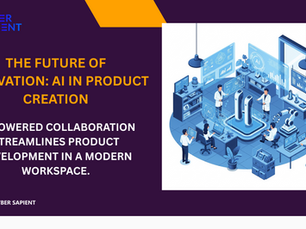Illustration of engineers and designers collaborating with AI and robotic arms in a futuristic lab, showcasing AI in product development processes.