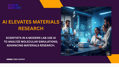 A diverse team of scientists in a bright, modern lab collaborate around a large holographic display showing AI-generated molecular simulations, representing the application of AI in materials research for predicting material properties and innovation.