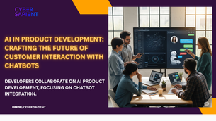 A team of developers working on computers and whiteboards, illustrating the process of AI in product development focused on creating and integrating chatbots.
