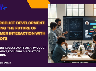 A team of developers working on computers and whiteboards, illustrating the process of AI in product development focused on creating and integrating chatbots.
