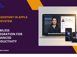 Image of an AI assistant interface on a Mac laptop, iPhone, and iPad, displaying a user-friendly layout with a female AI assistant providing helpful information.