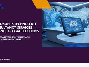 Digital illustration of Microsoft’s tech consultancy, featuring blockchain-verified voting and a world map of election integrity.