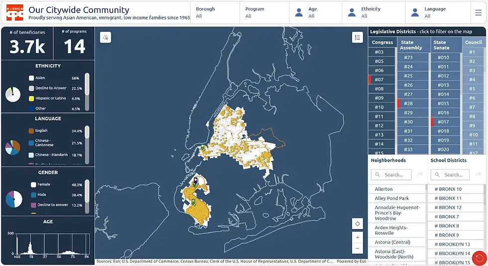 This Chinese-American Planning Council’s dashboard shows beneficiaries by Council, Senate, or Assembly district in a single click, saving hours of manual lookup and helping target advocacy more effectively.