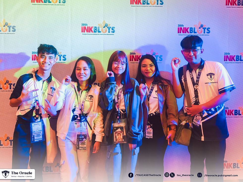 Inked for Truth. The Oracle representatives, stand proud as the sole participants from Tarlac during the 26th Inkblots Convention at the University of Santo Tomas. Carrying the banner of the College of Arts and Social Sciences, they joined nearly 300 campus journalists nationwide in championing truth and integrity in journalism ahead of the 2025 elections.