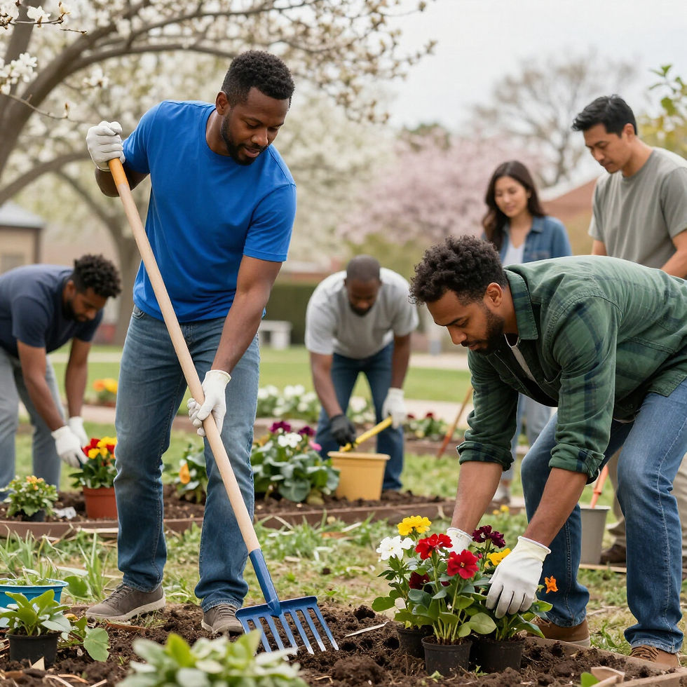 Volunteers planting flowers in a community garden