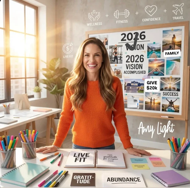 AMY LIGHT STANDING AT DESK WITH HER VISION BOARD COMPLETE