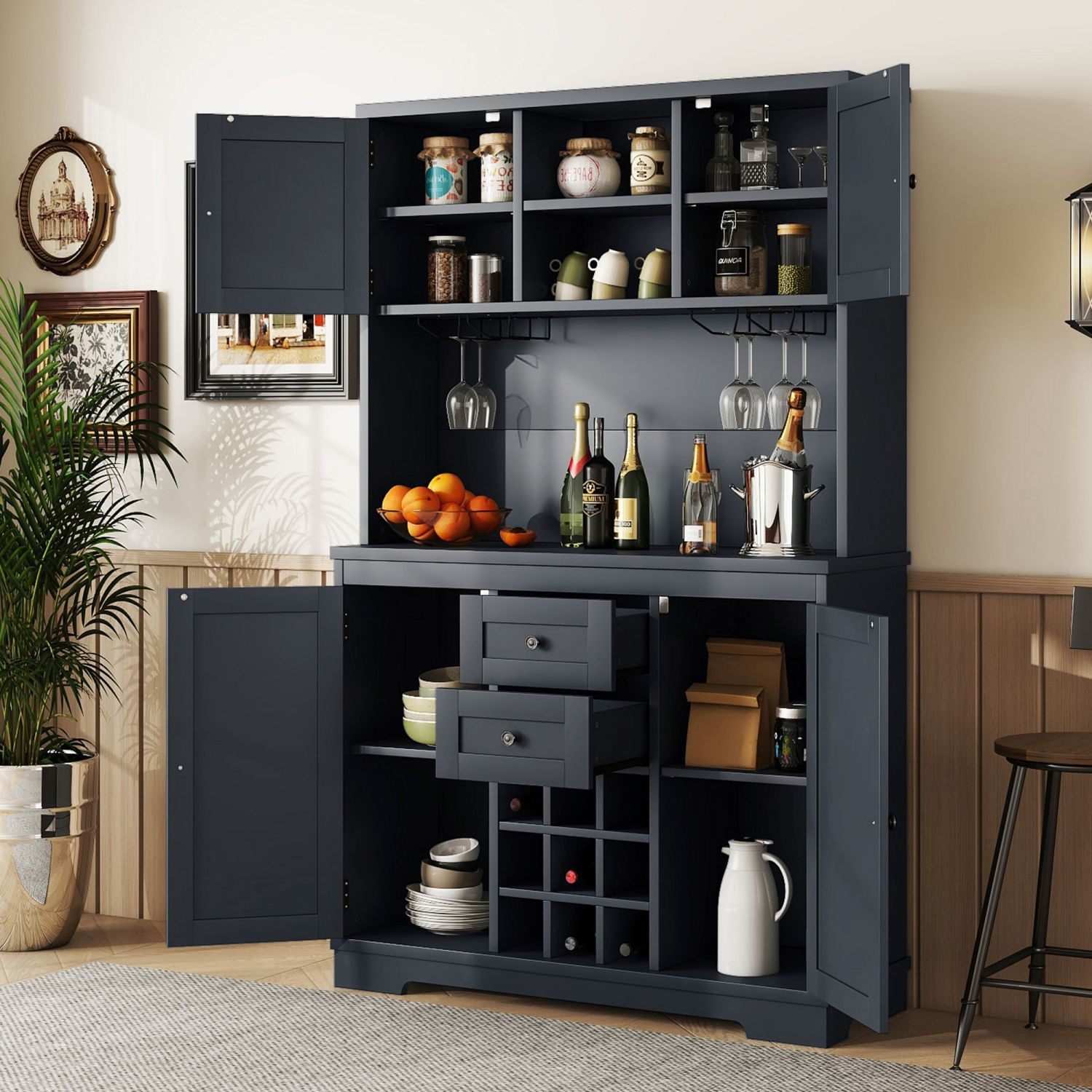 Coffee Bar Cabinet Kitchen Cabinet with Storage, Farmhouse Wine Cabinet with Dra